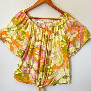 Kim & Cami Floral Tie-Front Peasant Top in Pink, Orange & Green